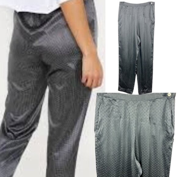 Galadriel Silk Slacks High Rise Swiss Dot Ankle Length Straight-Leg Grey Pants M - Picture 13 of 14